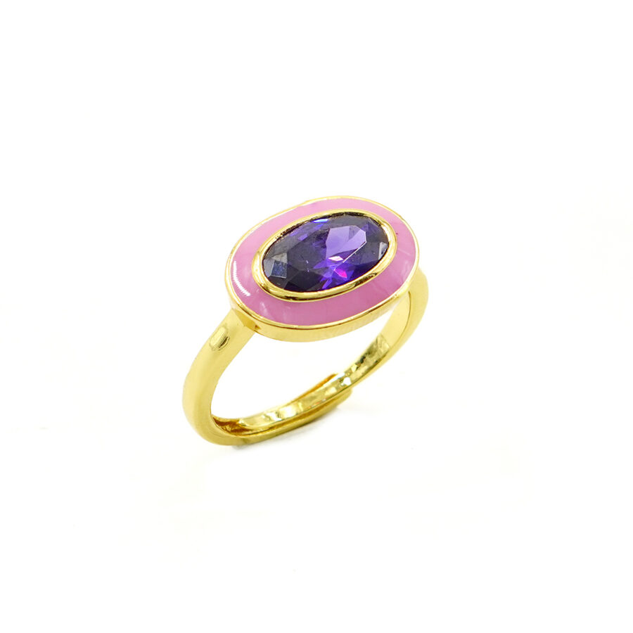 Anello con zircone viola ovale e smalto rosa