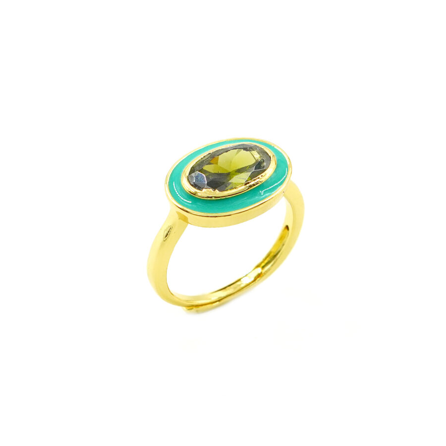 Anello con zircone verde ocra ovale e smalto verde mare