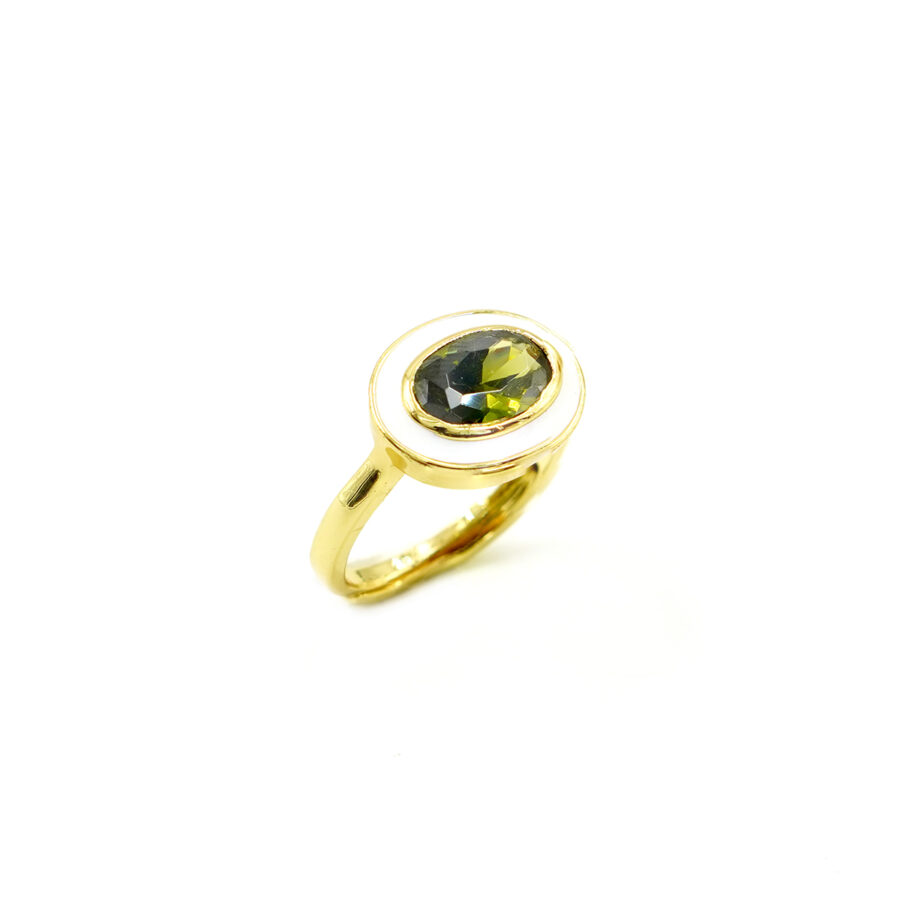 Anello con zircone verde ocra ovale e bianco