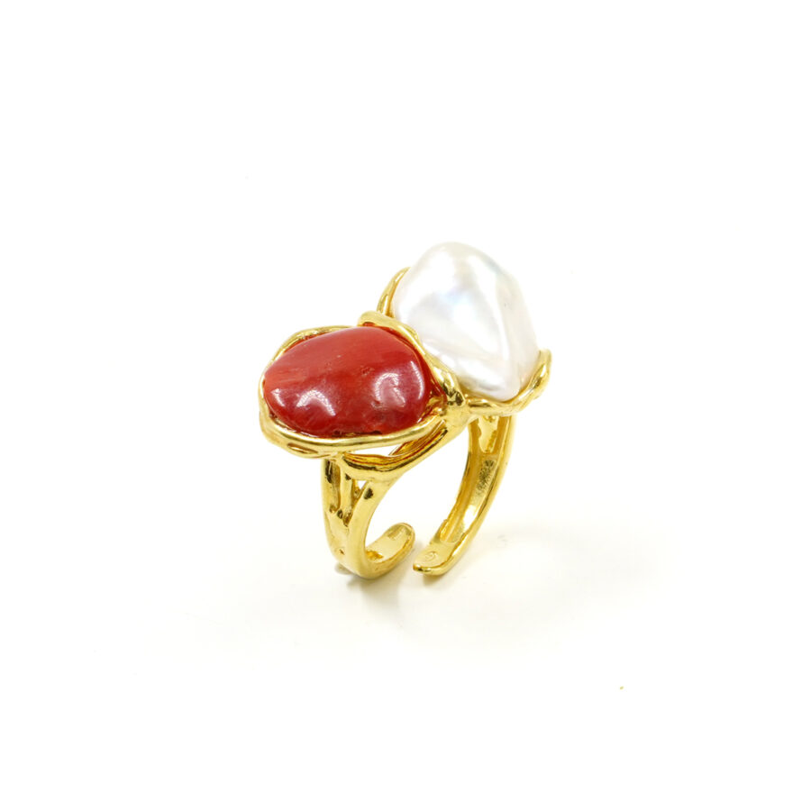 Anello in argento con corallo e perla – Dorato - immagine 2