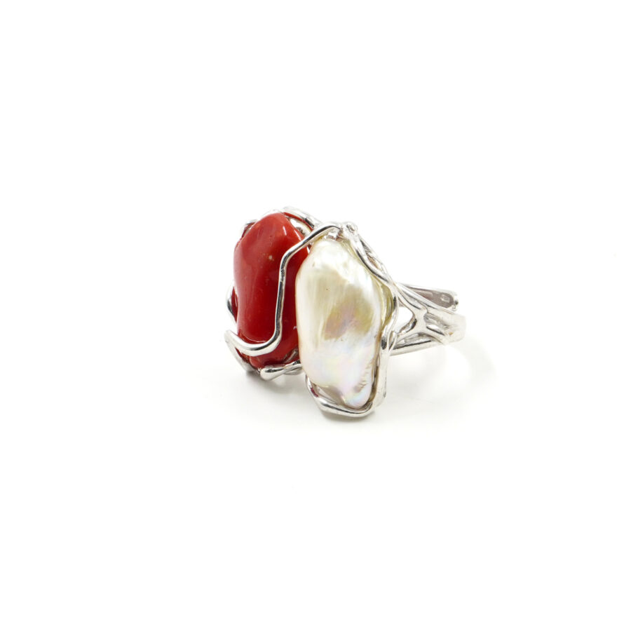 Anello in argento con corallo e perla – Rodiato - immagine 2