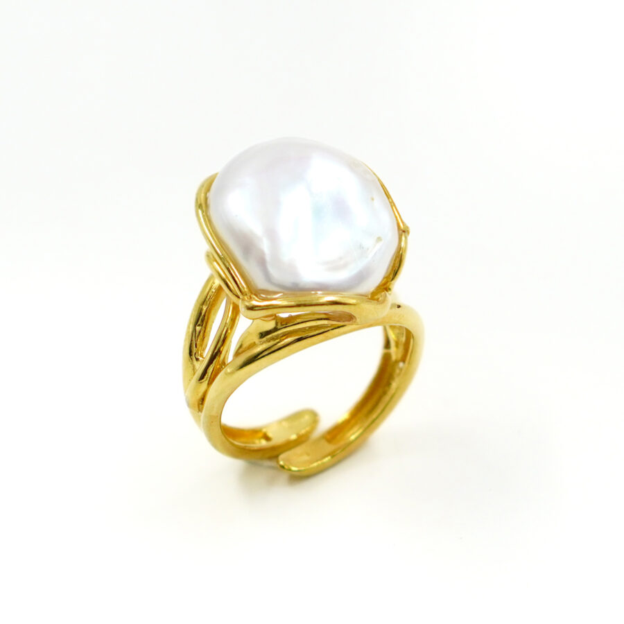 Anello in Argento con perla barocca piatta – Dorato