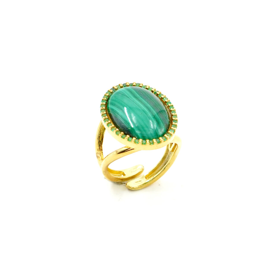 Anello in Argento con malachite e zirconi verdi – Dorato