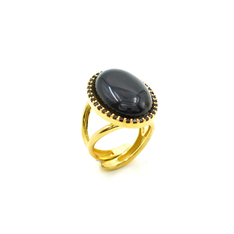 Anello in Argento con agata nera e zirconi neri – Dorato