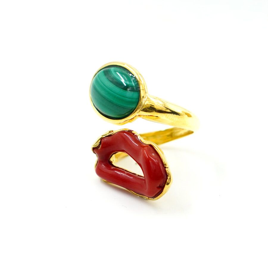 Anello in Argento con malachite e corallo – Dorato