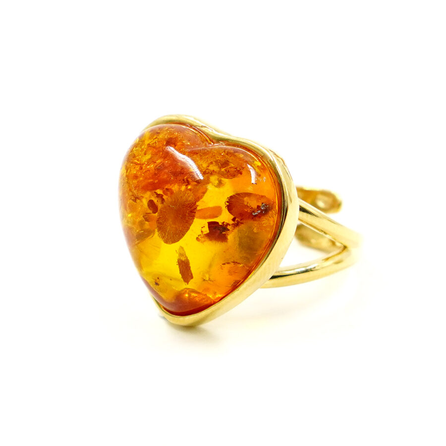 Anello in argento 925 con ambra forma cuore – Dorato