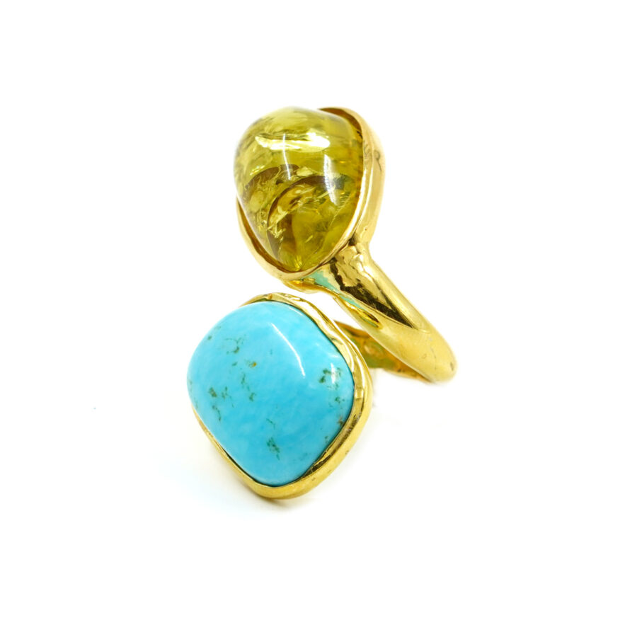 Anello in argento 925 con ambra verde, turchese – Dorato