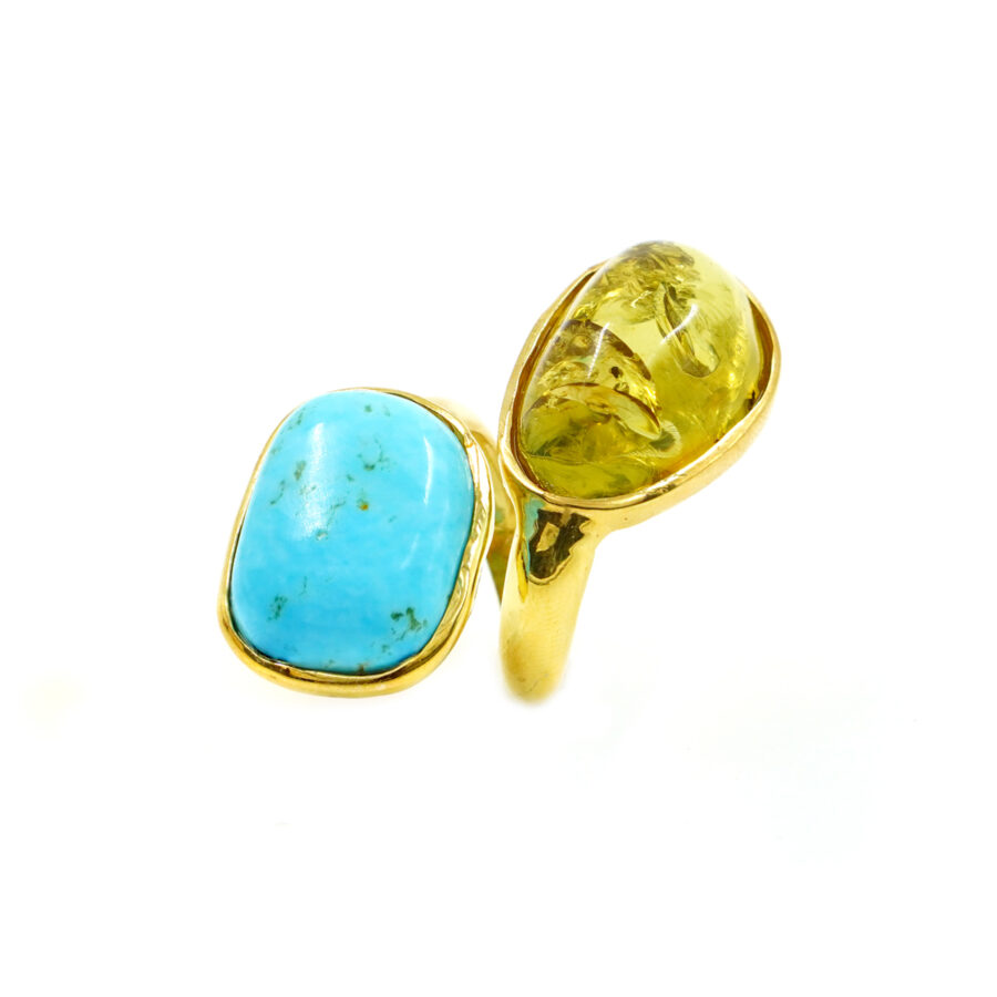 Anello in argento 925 con ambra verde, turchese – Dorato - immagine 2