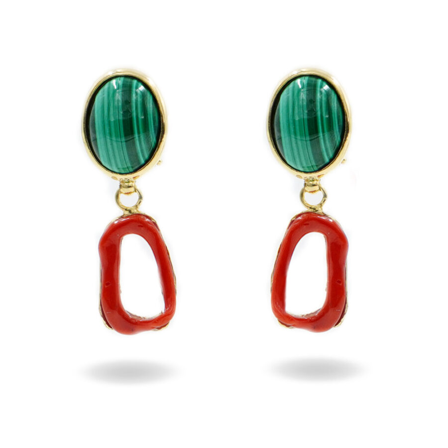 Orecchini in Argento con malachite e corallo – Dorato