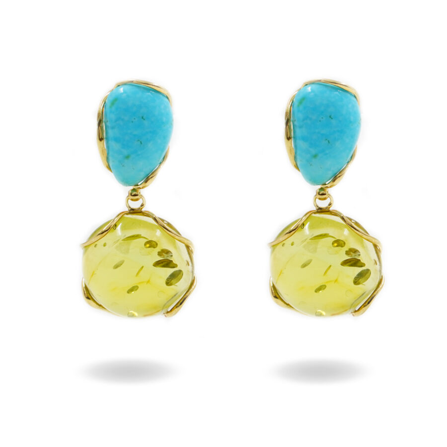 Orecchini in argento 925 con ambra verde, turchese – Dorato