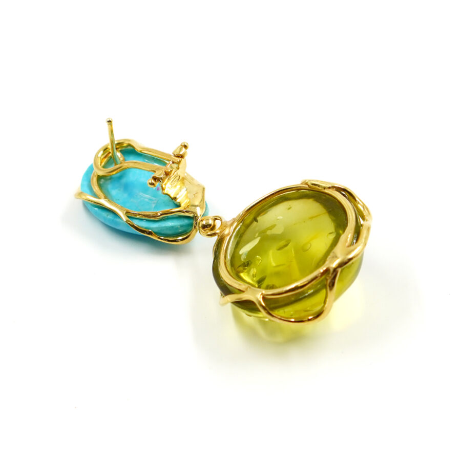 Orecchini in argento 925 con ambra verde, turchese – Dorato - immagine 2