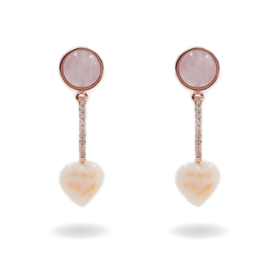Orecchini in argento con kunzite, zirconi e cuore di corallo rosa - Rosè