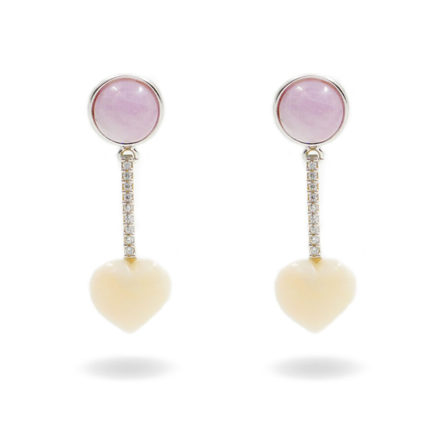 Orecchini in argento con kunzite, zirconi e cuore di corallo rosa – Rodiato