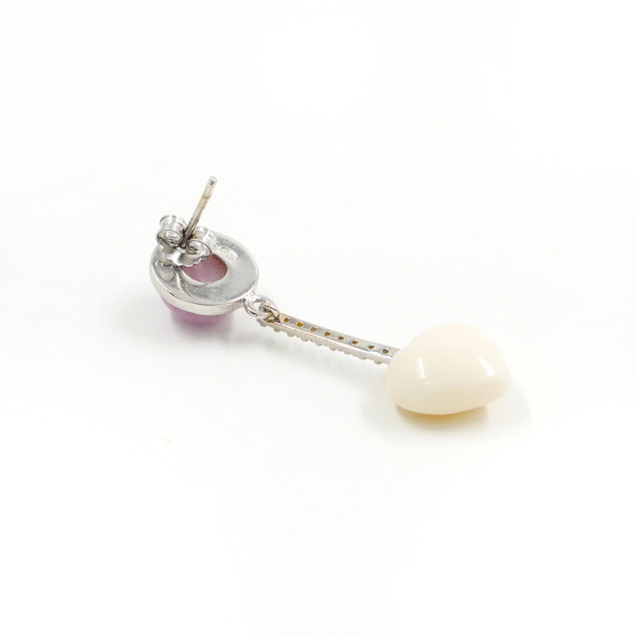 Orecchini in argento con kunzite, zirconi e cuore di corallo rosa – Rodiato - immagine 2