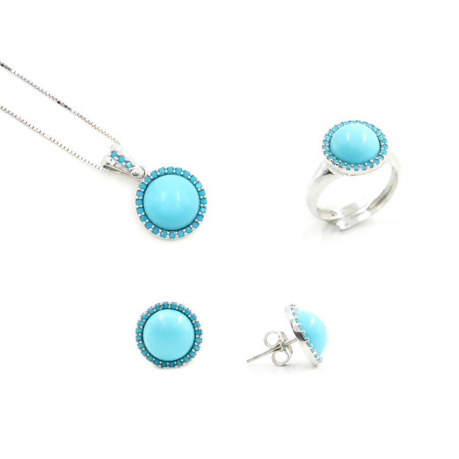 Tris in Argento con pasta di turchese e zirconi color turchese – Rodiato