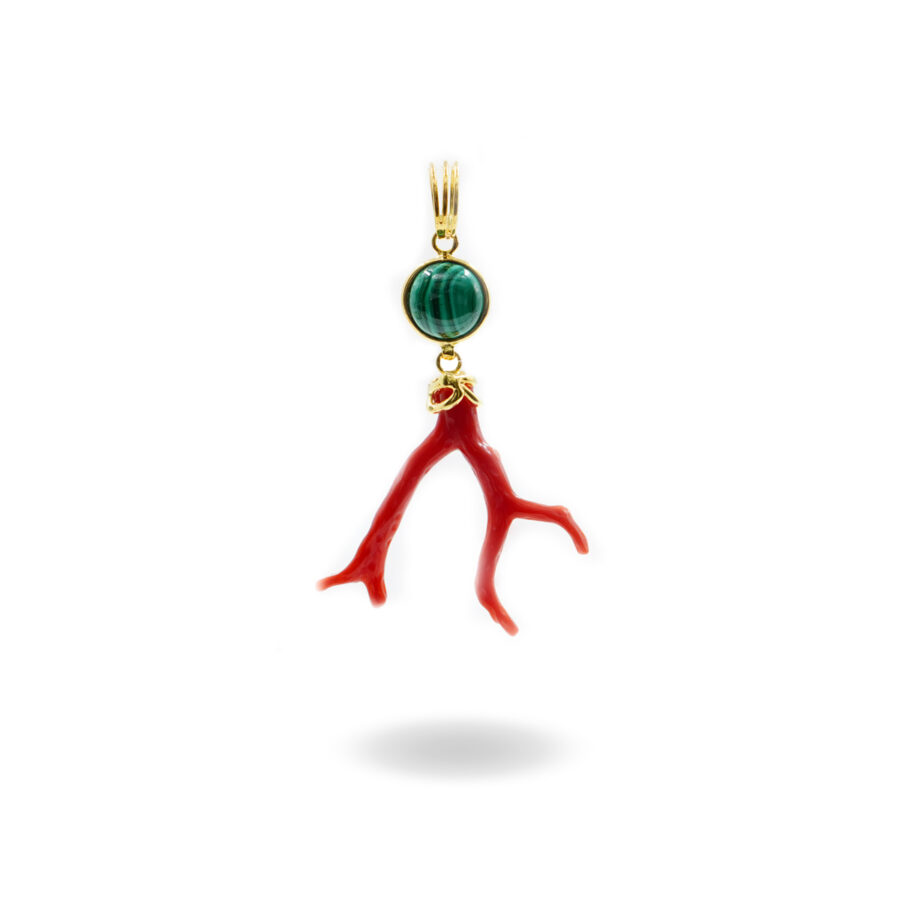 Pendenti in Argento con malachite e ramo di corallo – Dorato
