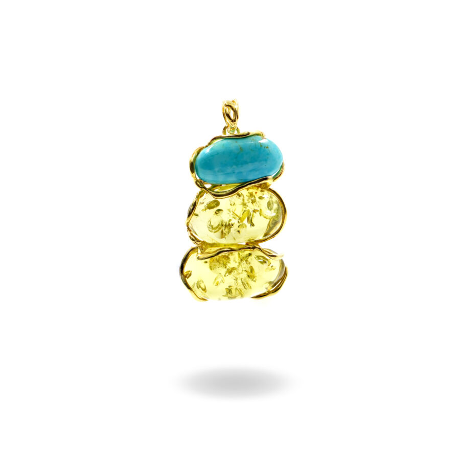 Pendente in argento 925 con ambra verde, turchese – Dorato