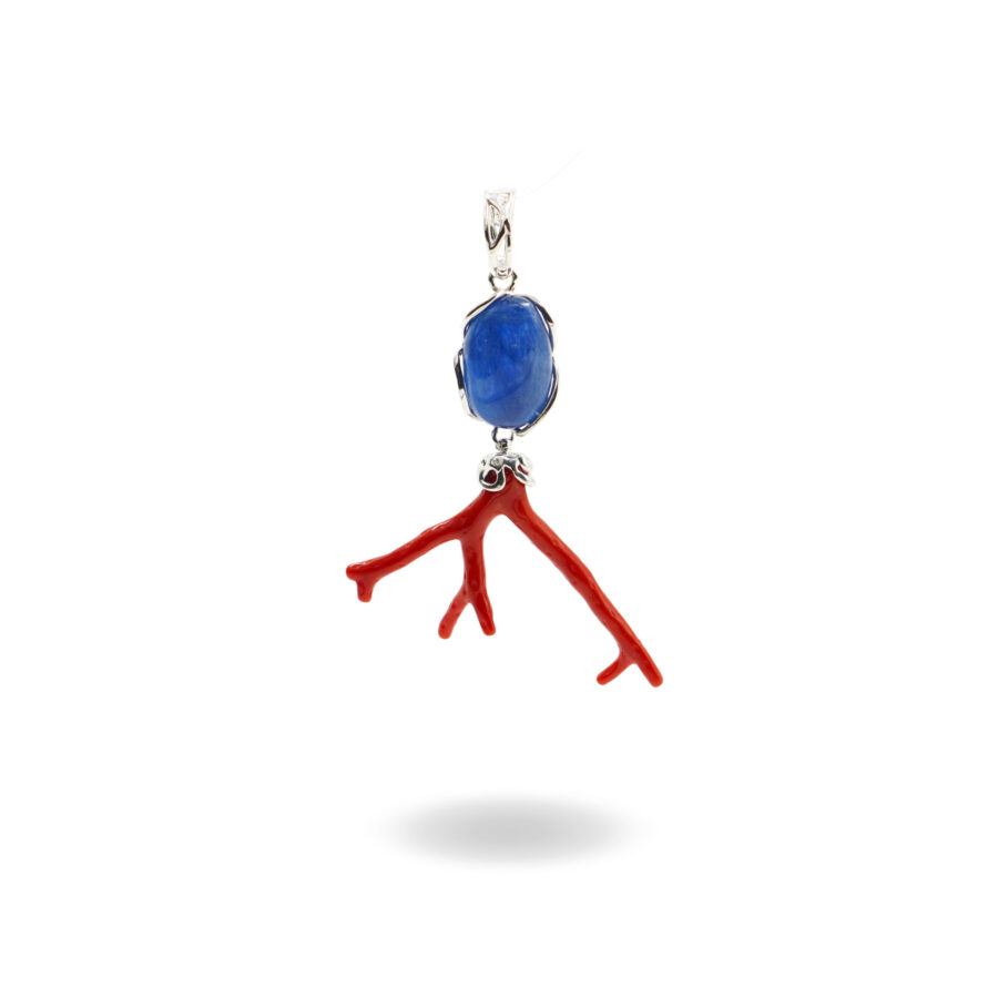Pendente in argento con cianite e ramo di corallo – Rodiato