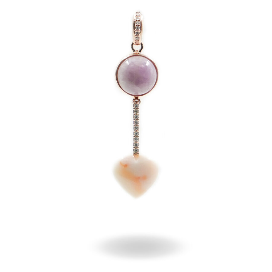 Pendente in argento con kunzite, zirconi e cuore di corallo rosa - Rosè