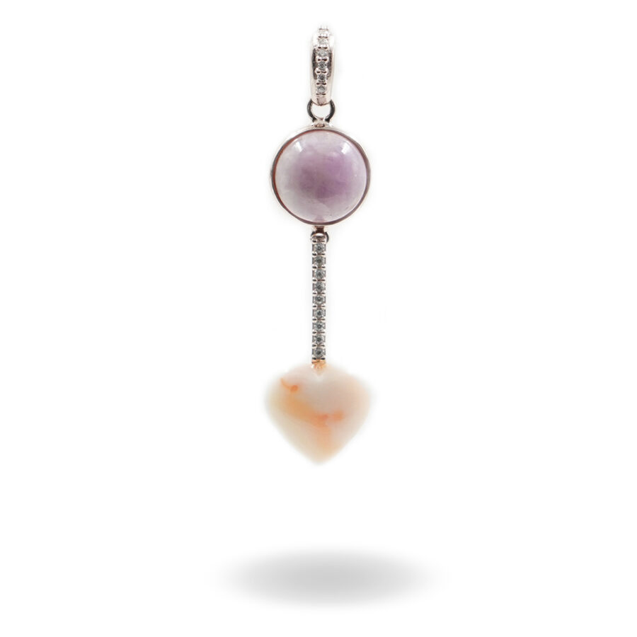Pendente in argento con kunzite, zirconi e cuore di corallo rosa – Rodiato