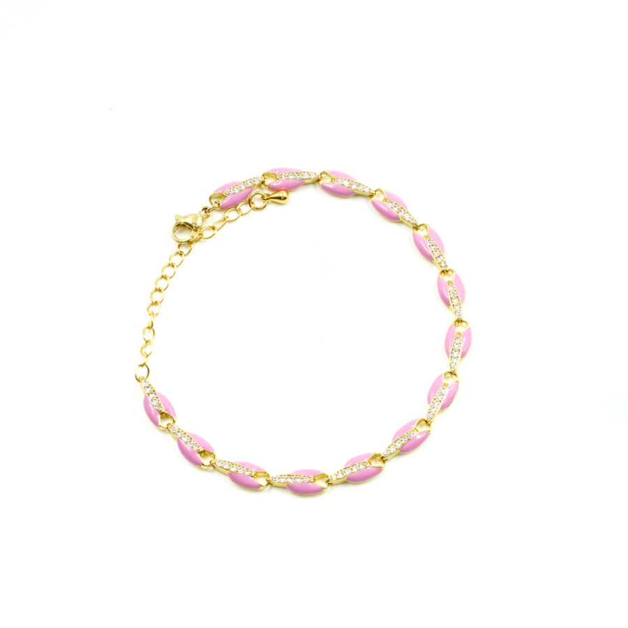Bracciale a maglia con smalto rosa e zirconi bianchi