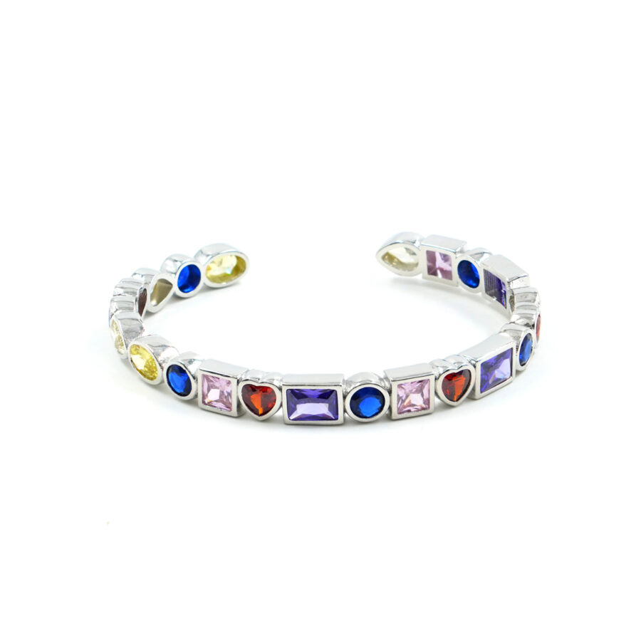 Bracciale rigido con zirconi multicolore e multiforma