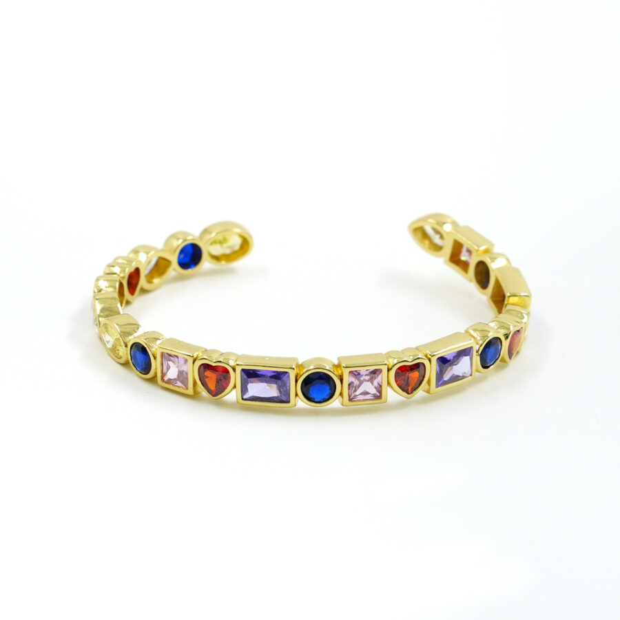 Bracciale rigido con zirconi multicolore e multiforma