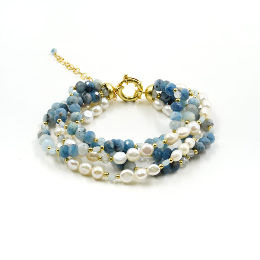 Bracciale Multifilo con acquamarina, perla, chiusura in argento - Dorato
