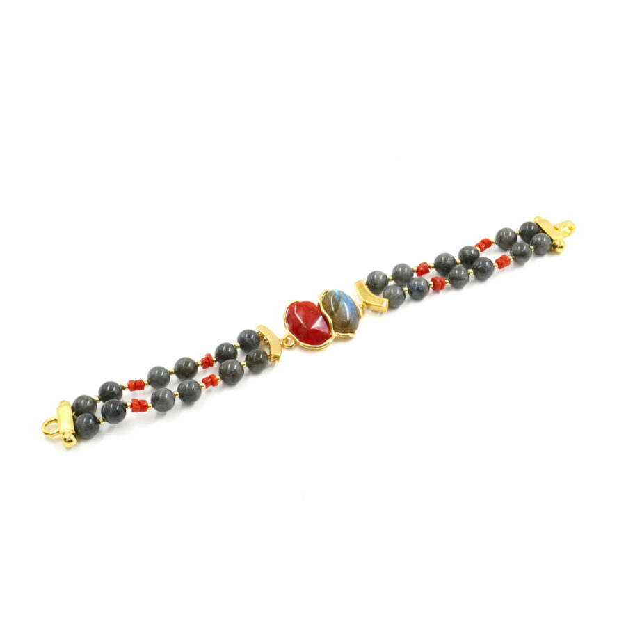 Bracciale Multifilo con labradorite corallo e chiusura in argento – Dorato