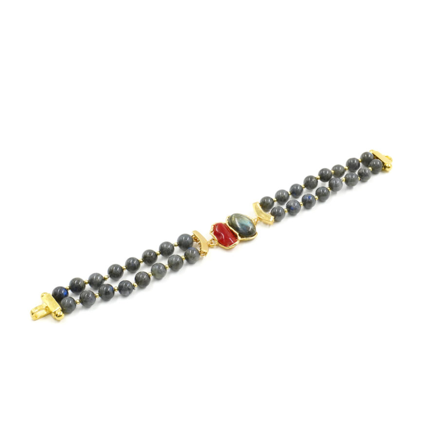 Bracciale Multifilo con labradorite, centrale con corallo e labradorite e chiusura in argento – Dorato