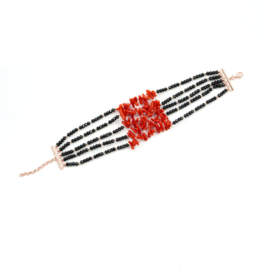 Bracciale Multifilo con spinello nero, corallo, chiusura in argento – Rosè