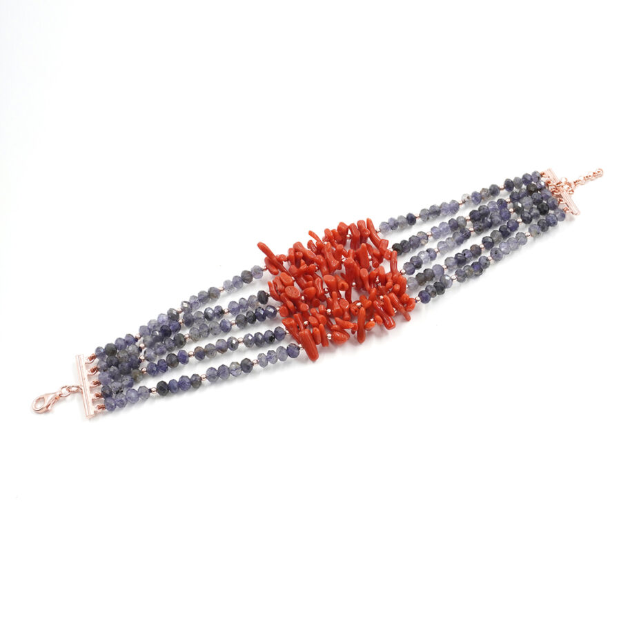Bracciale Multifilo con iolite, corallo, chiusura in argento – Rosè