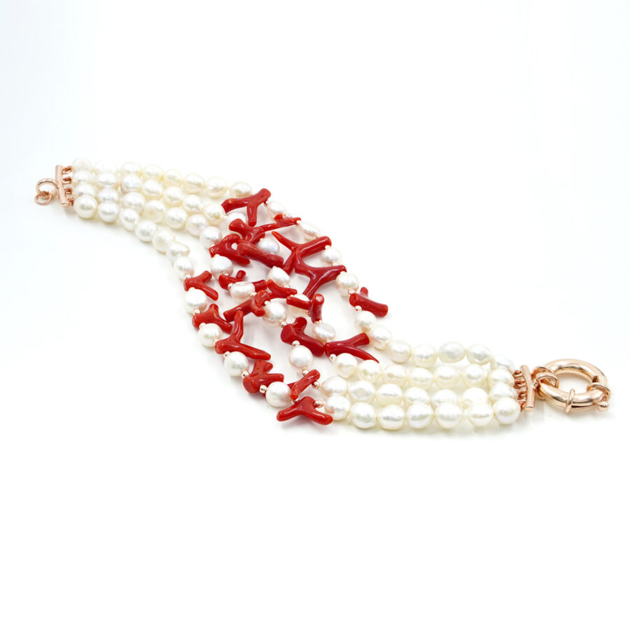 Bracciale Multifilo con perla, corallo, chiusura in argento - Rosè