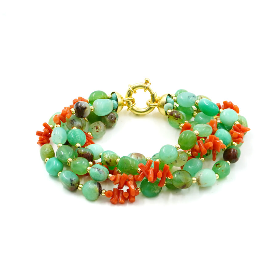 Bracciale Multifilo con crisoprasio, corallo, chiusura in argento – Dorato