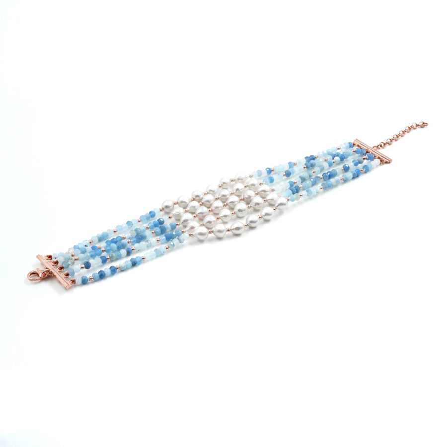 Bracciale Multifilo con acquamarina, perla, chiusura in argento – Rosè