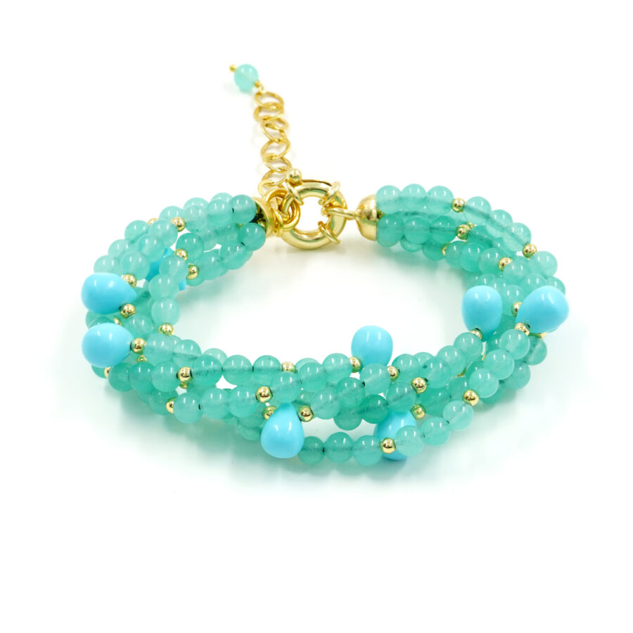 Bracciale Multifilo con quarzo spugna verde, pasta di turchese, chiusura in argento – Dorato