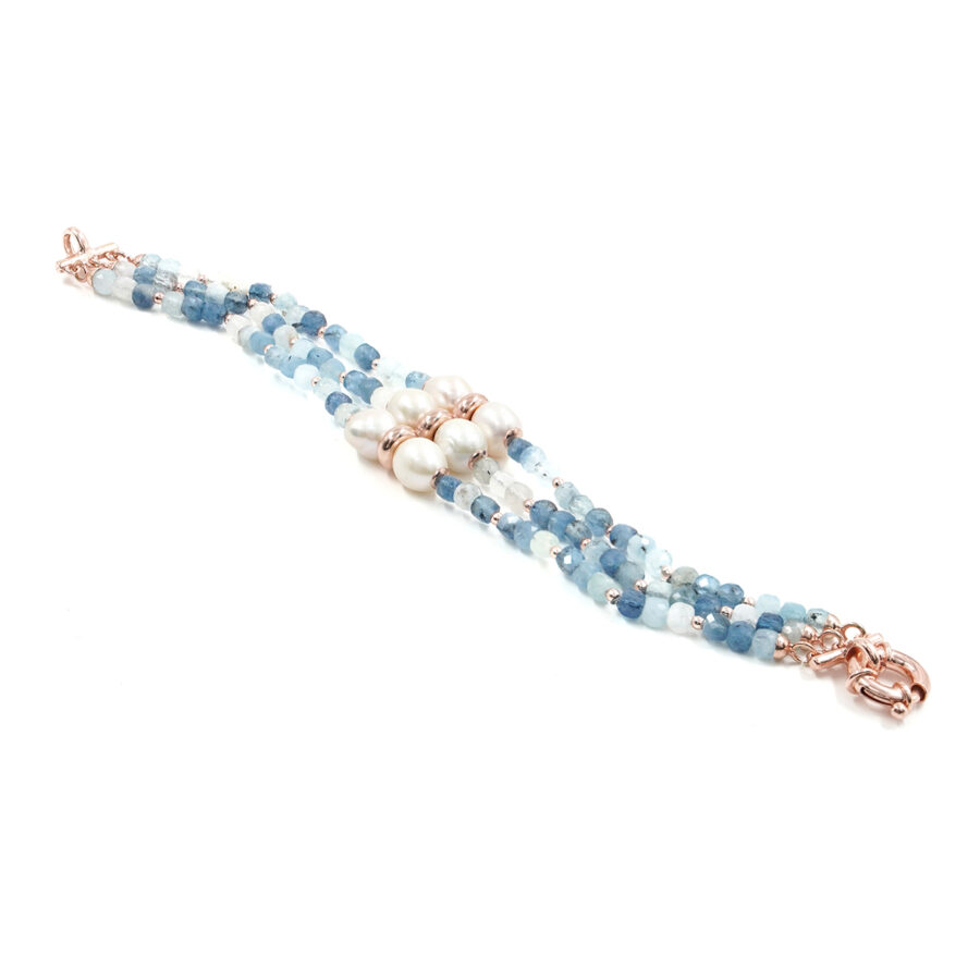 Bracciale Multifilo con acquamarina, perla, chiusura in argento – Rosè