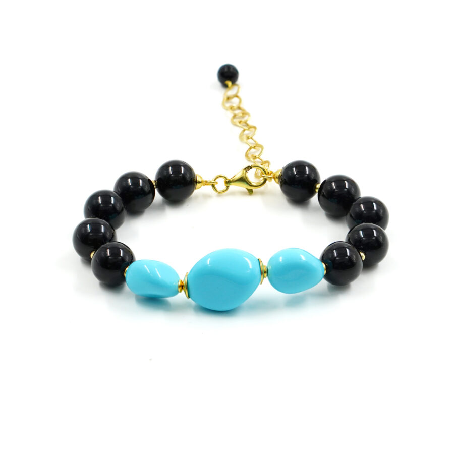 Bracciale con agata nera, pasta di turchese, chiusura in argento - Dorato