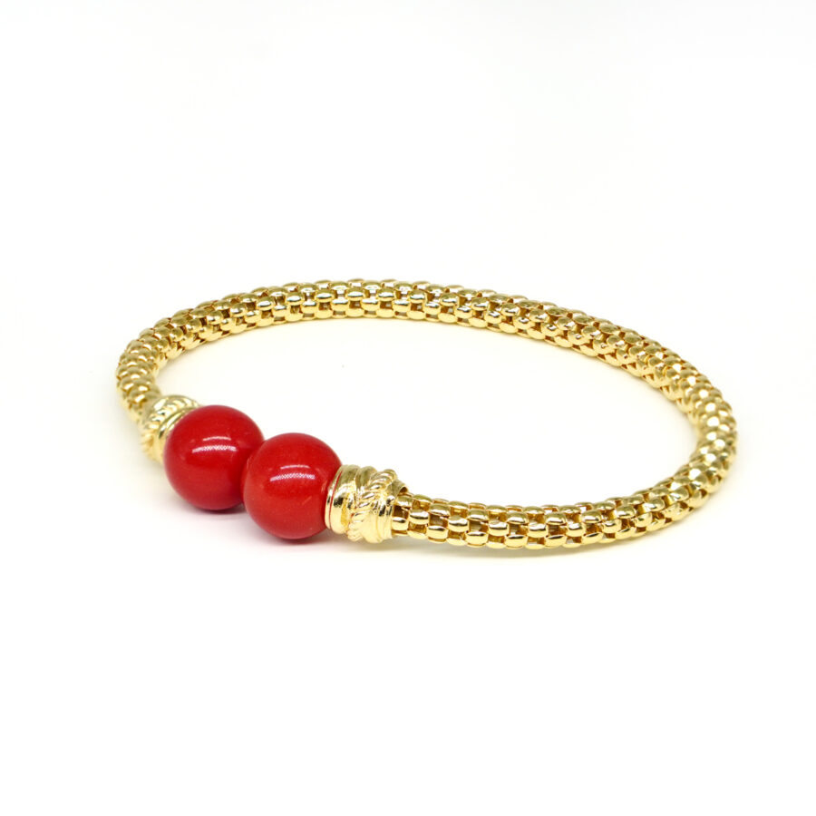 Bracciale maglia coreana in argento con sfere di pasta di corallo - Dorato