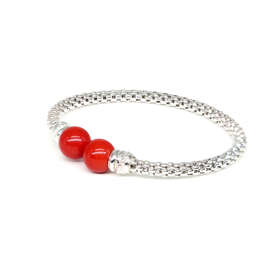 Bracciale maglia coreana in argento con sfere di pasta di corallo – Rodiato