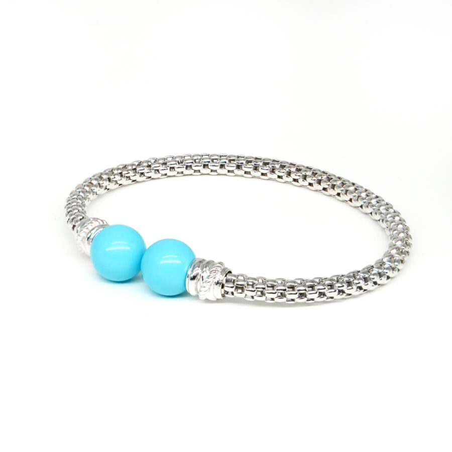 Bracciale maglia coreana in argento con sfere di pasta di turchese – Rodiato