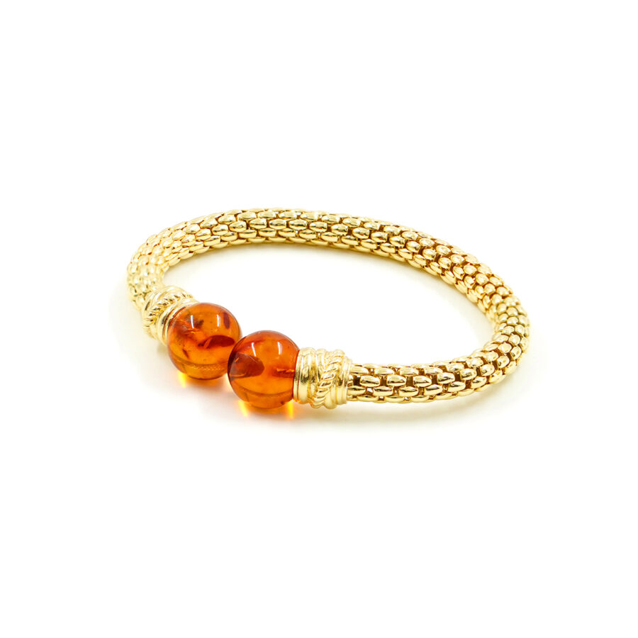 Bracciale maglia coreana in argento con sfere di ambra – Dorato
