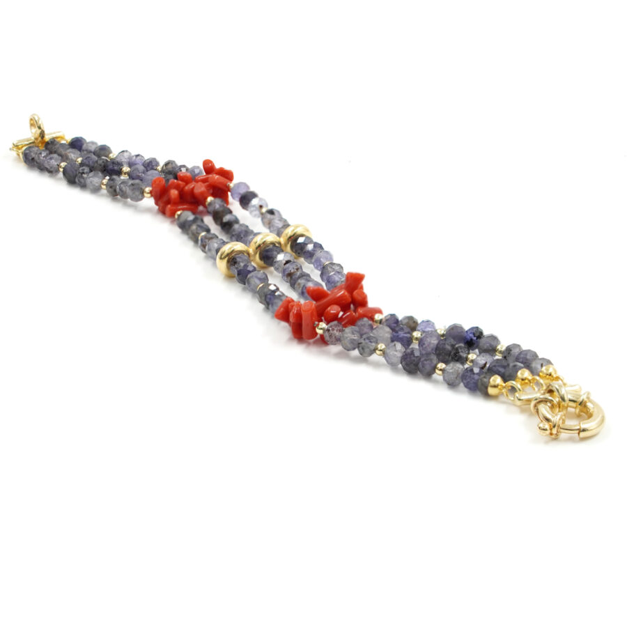 Bracciale Multifilo con iolite, corallo, chiusura in argento – Dorato