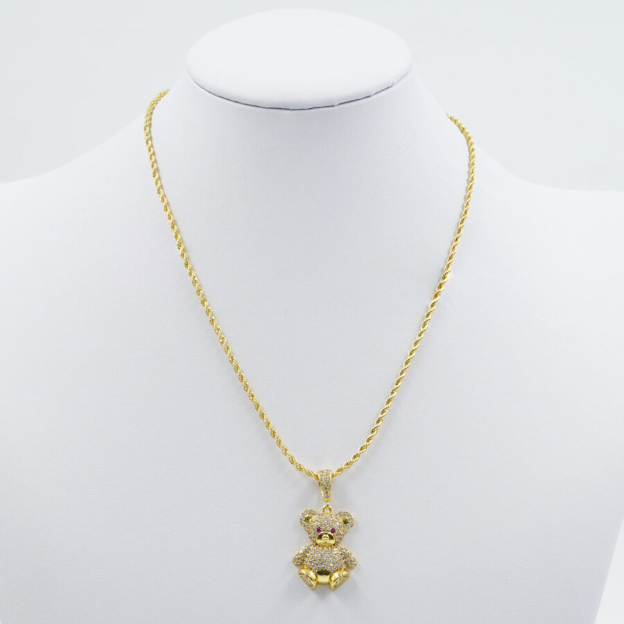 Collana modello corda e ciondolo orsacchiotto con pave' di zirconi bianchi e rossi