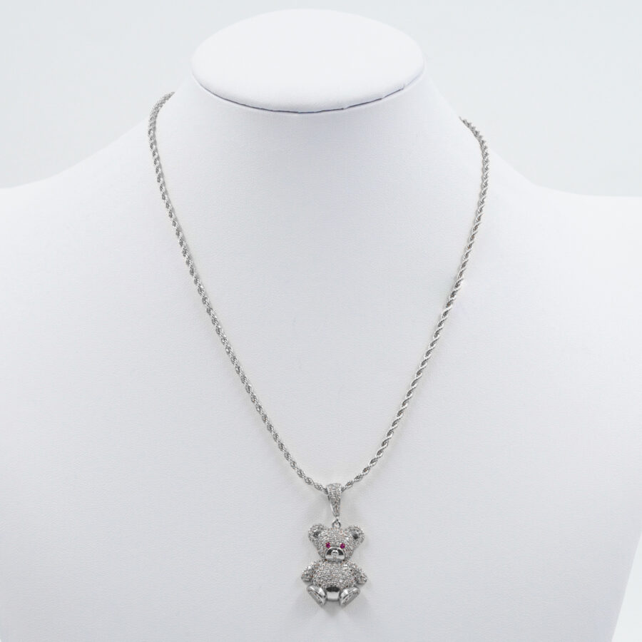 Collana modello corda e ciondolo orsacchiotto con pave' di zirconi bianchi e rossi