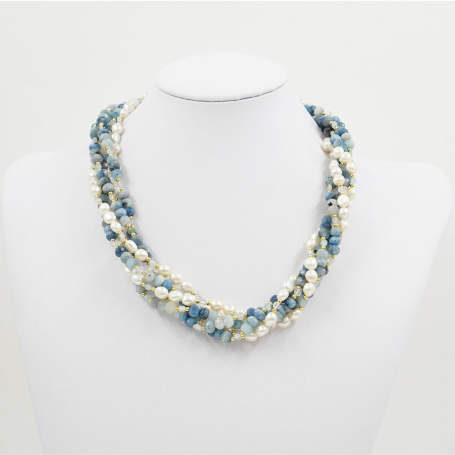 Collana Multifilo con acquamarina, perla, chiusura in argento - Dorato - immagine 2