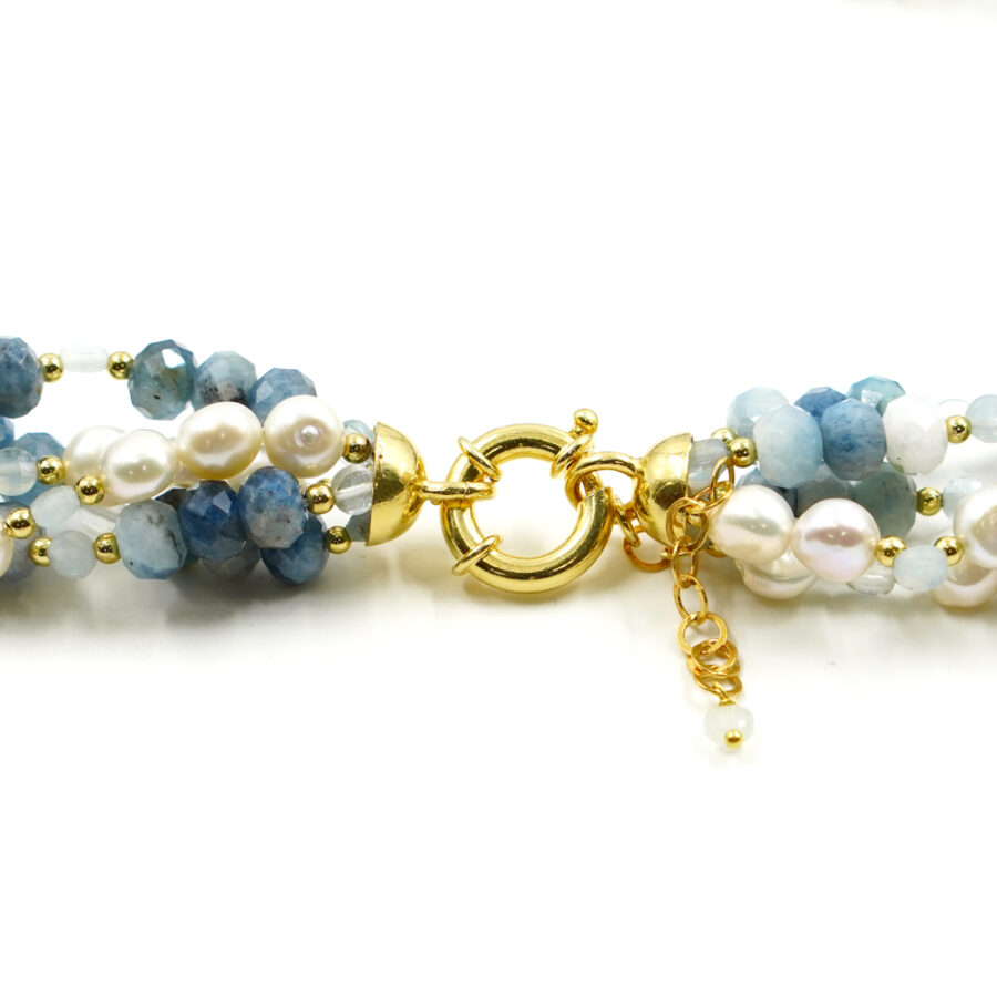 Collana Multifilo con acquamarina, perla, chiusura in argento - Dorato - immagine 3