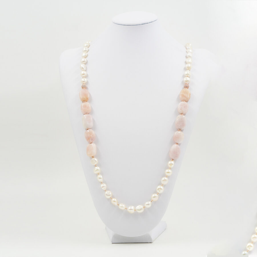 Collana con perla, morganite, elemento in ottone con zirconi, chiusura in argento – Rosè - immagine 2