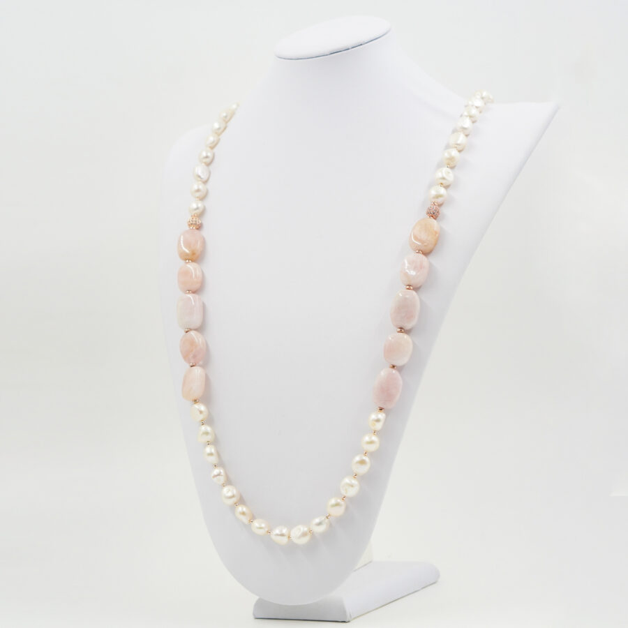 Collana con perla, morganite, elemento in ottone con zirconi, chiusura in argento – Rosè - immagine 3
