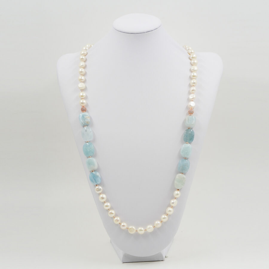 Collana con perla, acquamarina milk azzurra, elemento in ottone con zirconi, chiusura in argento – Rosè - immagine 2